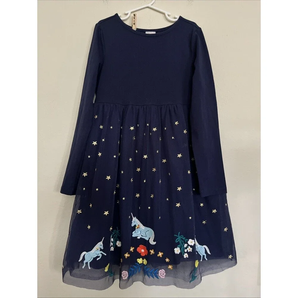 Hanna Andersson Long Sleeve Blue Embroidered Unicorn Tulle Dress Girls SZ 8